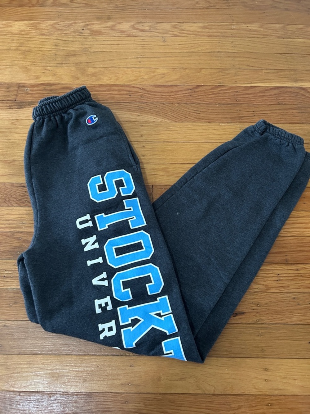 Champion || Gray Sweatpants with Blue Stockton University Lettering